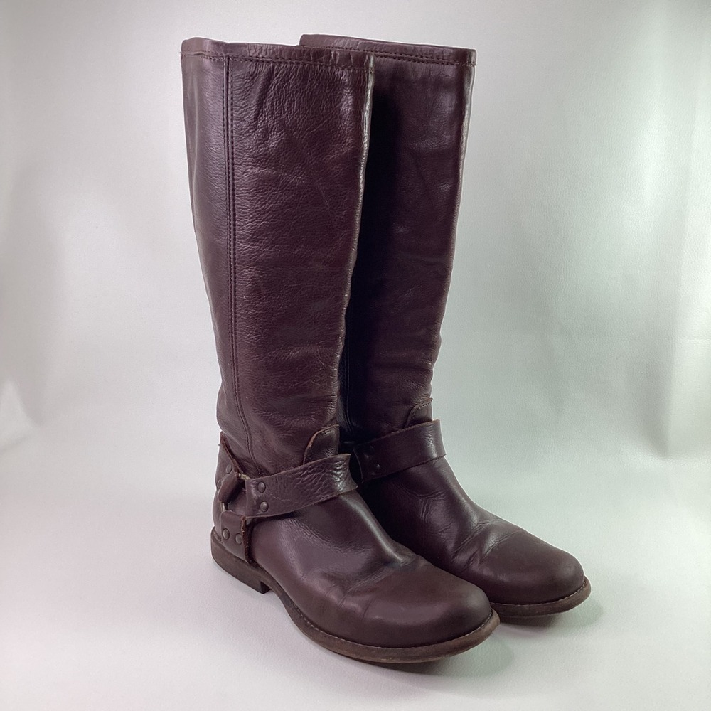 Frye Phillip Harness Tall Dark Brown Leather Zip Riding Boots 76850 Womens 6.5 B